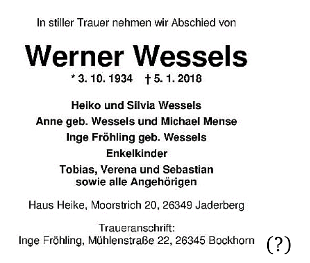 Todesanzeige Werner Wessels 2018